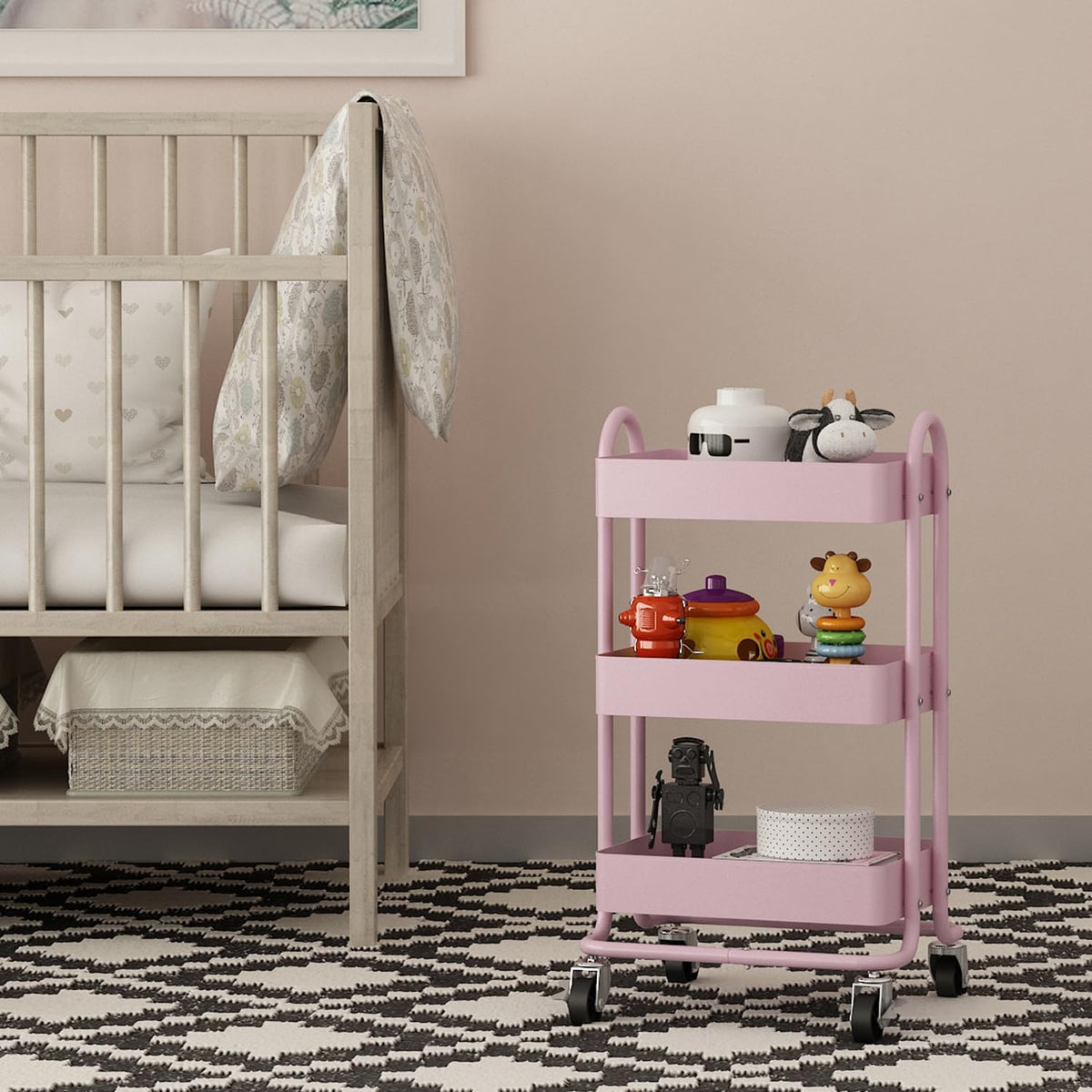 Metal Rolling Cart,3-Tier Pink Rolling Cart with Wheels,Metal Utility Cart with Wheels for Office,Home,Kitchen,Garden（13.4"x18.1"x31"） Pink