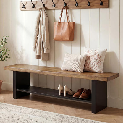 55" Solid Wood Bench with Shoe Storage, 2-Tier Farmhouse Entryway Bench, Narrow Rustic Brown Bench for Bedroom, Hallway