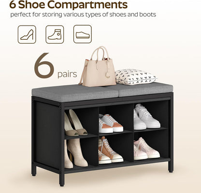 YATINEY Shoe Storage Bench with Cushion, Entryway Bench, Shoe Rack with Padded Seat and 6 Oxford Compartments, for Closet, Bedroom, Entryway, Black and Gray HX01BK