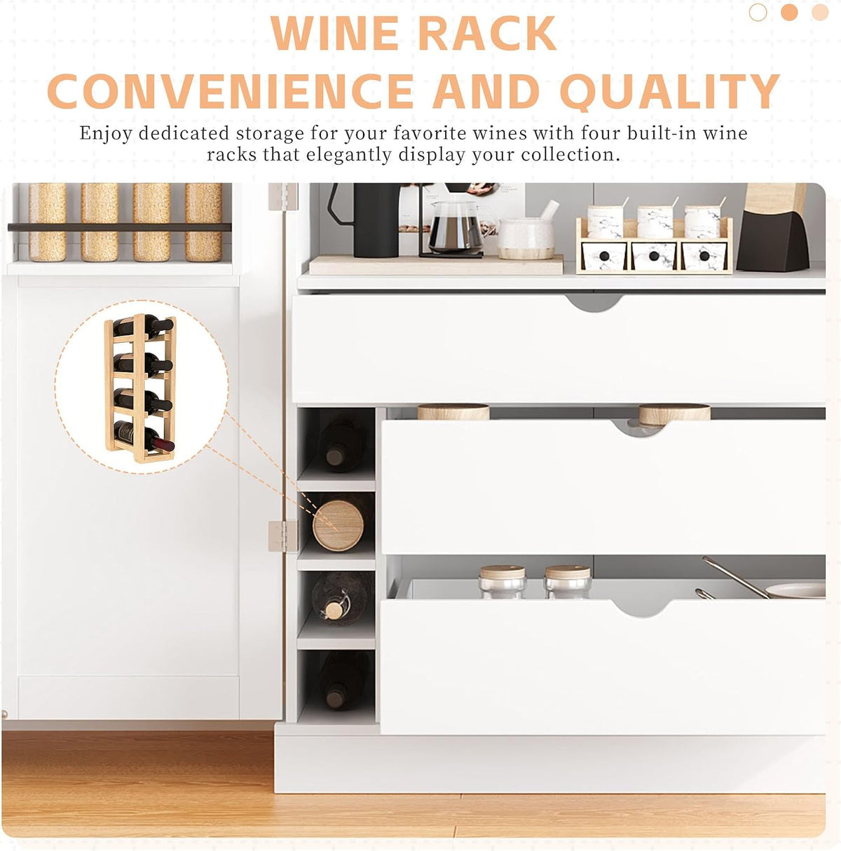 77'' Tall Freestanding Kitchen Pantry Storage Cabinet, Wooden Kitchen Organizers Cupboard with Adjustable Shelves, Door Shelves, 3 Drawers and Wine Racks for Dining Room Living Room (White-1.27)