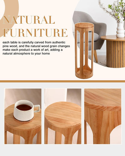 CroBlissful Small End Table 8 x 23 Small Side Table Wooden Round Coffee Drink Desk Burlywood Boho Circle Wood Accent Pedestal Desk for Living Room Plant Stand or Bedroom Nightstand