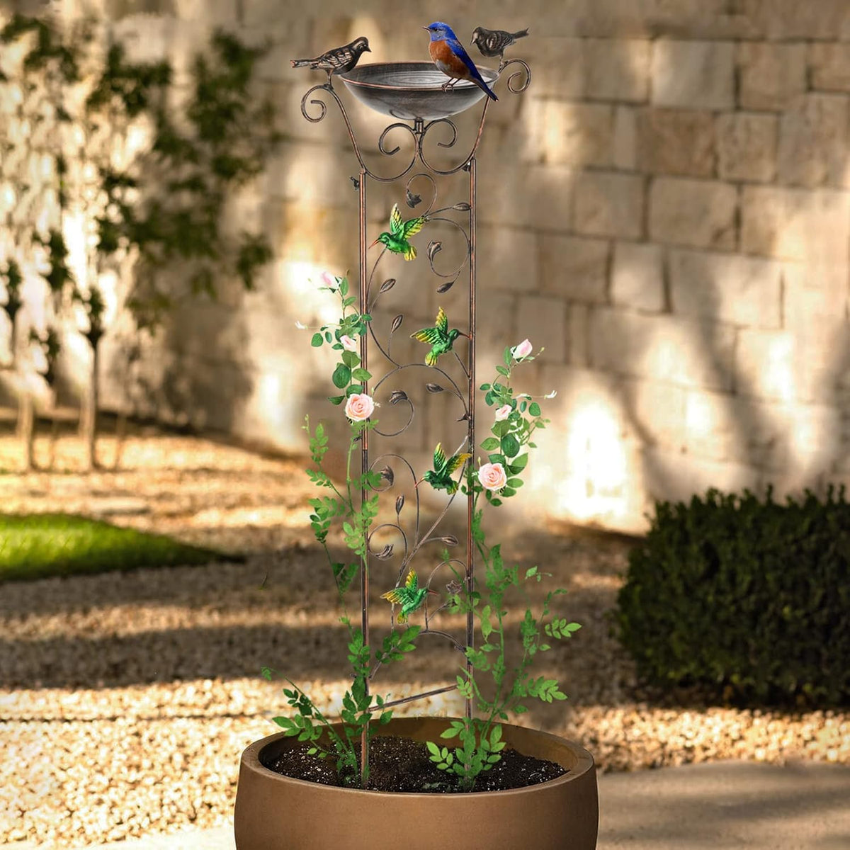 SUNNYPARK Antique Garden Iron Trellis with Decorative Hummingbirds Detachable Bird Bath Bowl Metal Potted Plant Support for Climbing Flowers