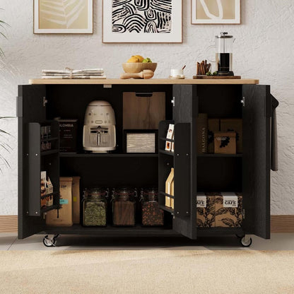 Floating Island Kitchen with Drop Leaf Countertop Internal Storage Rack, Kitchen Island with Storage with Wheels Towel Rack， for Kitchen, Dining Room, Black