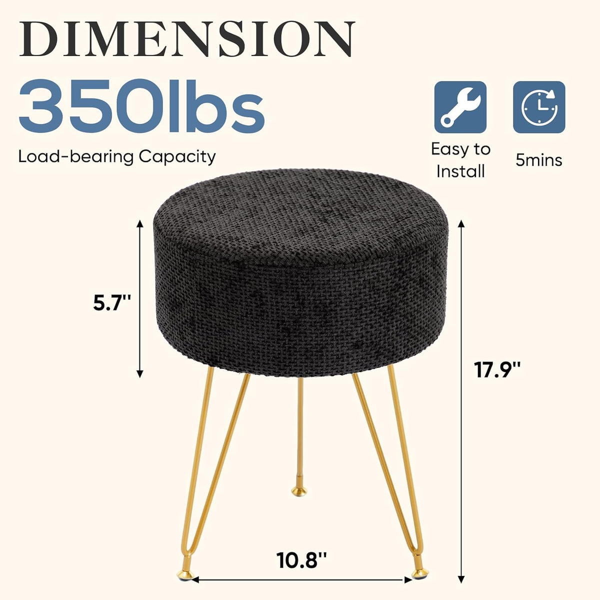 DUMOS Velvet Vanity Stool, 350LBS Heavy-Duty Makeup Stool with 4CM Thick Cushion, Round Ottoman Footrest Chair for Bedroom, Bathroom, Dressing Table, Easy-Clean Soft Fabric, Black