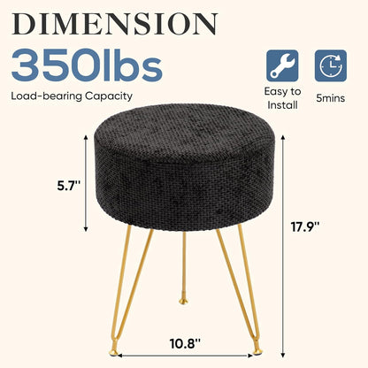 DUMOS Vanity Stool, Velvet Vanity Chair for Makeup Room, Round Ottoman Foot Rest with Gold Metal Legs, Makeup Dressing Table Seat for Bedroom, Living Room, Entryway, Black