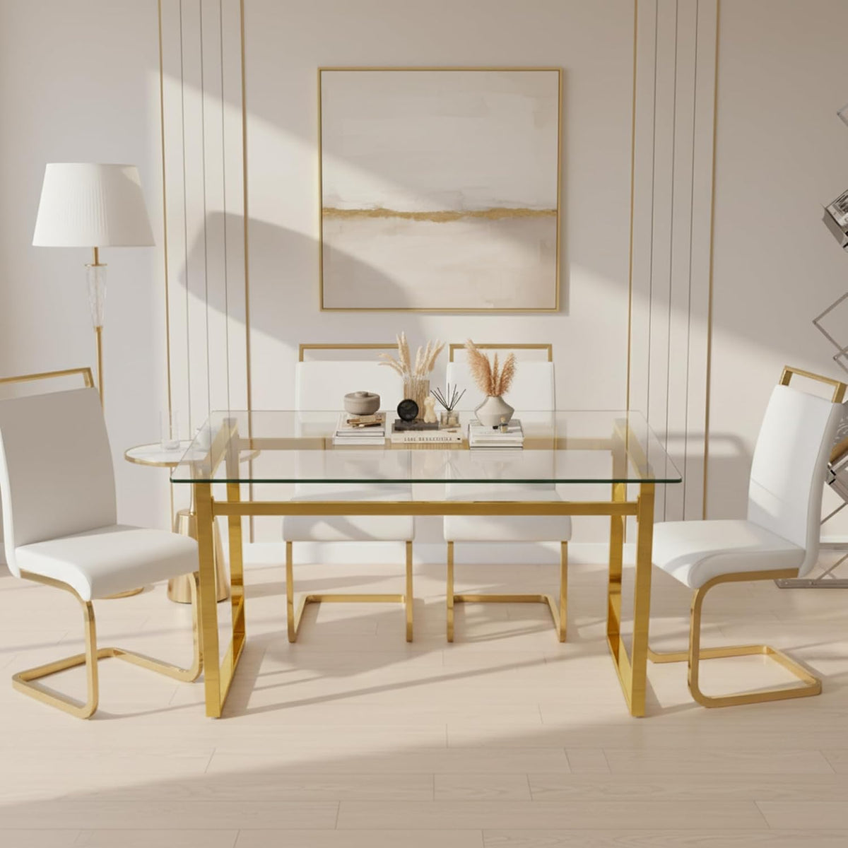 51''Glass Dining Table, Modern Rectangle Kitchen Table with Tempered Glass Tabletop and Metal Leg for 4, Writing Table Desk, for Kitchen Dining Living Room (Golden)