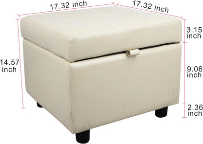 H&B Luxuries Tufted Leather Square Flip Top Storage Ottoman Cube Foot Rest (Cream with Storage)
