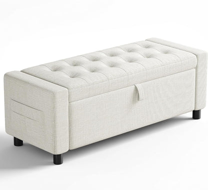 Amada 46" Storage Ottoman Bench with Safety Hinge, Hidden Compartment & Side Pocket - Upholstered End of Bed/Entryway Bench for Bedroom & Living Room, 400 lbs Weight Capacity, Beige