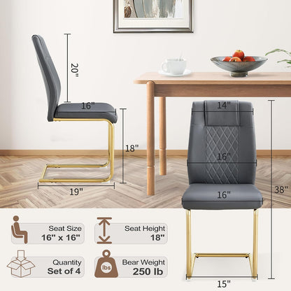 cinkehome Modern Gray Dining Chairs Set of 4 with Gold Metal Legs, High Back Upholstered Armless Side Chair for Kitchen, Dining Room, Faux Leather