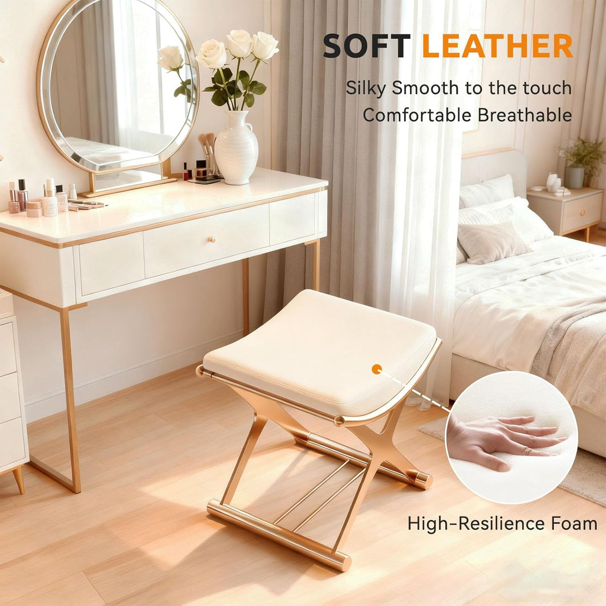 Lefedrasticity Gold Vanity Stool Chair Makeup Stool with Leather Cushioned Small Ottoman Foot Rest Modern Make Up Chair Upholstered Vanity Ottoman for Bedroom Living Room Bathroom Couch