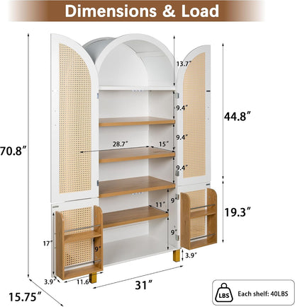 71" Tall Arched Cabinet with Rattan Doors & Adjustable Shelves, White | 4-Door Modern Farmhouse Storage Cabinet with Built-in Racks – Versatile Organizer for Kitchen, Dining Room, Study, Sturdy MDF