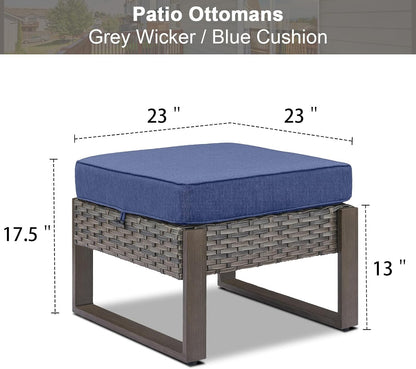 Belord Outdoor Ottomans for Patio - 250 LBS Weight Capacity Wicker Foot Rest Set of 2 with Woodgrain Lacquered Metal Frame Multipurpose Outdoor Foot Stool for Porch Balcony Backyard (Grey/Blue)