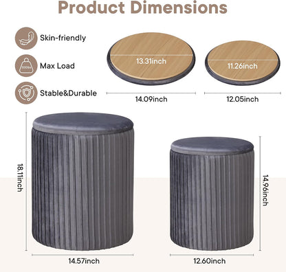 DUMOS Round Ottomans with Storage Set of 2, Vanity Stool, Foot Stool | 14.57"D x 18.11"H and 12.60"D x 14.96"H, Velvet Sturdy Ottoman for Living Room, Bedroom, Dorm, Small Apartment, Black