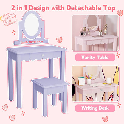HLR Kids Vanity Set with Mirror Stool and Drawer for Little Girls, Purple | Girls Vanity Set, Wooden 2 in 1 Princess Makeup Desk Dressing Table with Detachable Top, Toddler Vanity Dresser Set
