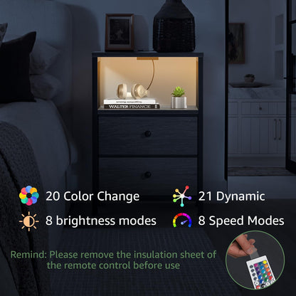 BOLUO Gray Nightstand with Charging Station, LED Night Stand with 2 Fabric Drawers, Bedside Table with USB Ports and Outlets, Nightstand for Bedroom Modern