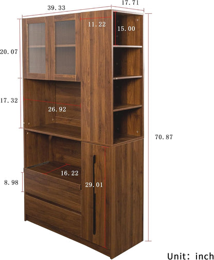 71" Tall Kitchen Pantry Cabinet with Storage, Farmhouse Kitchen Storage Cabinet with 4-Tier Side Shelf & 2 Drawers, Freestanding Cupboard with Glass Door and Microwave Stand for Dining Room, Walnut