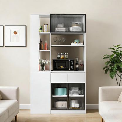 71 Inch Wood Pantry Cabinet with Glass Doors, 39 Inch Wide Freestanding Kitchen Storage Cabinet for Microwave and Coffee Bar, Modern Sturdy Tall Pantry Cabinet with Shelves & 5 Drawers, (White)