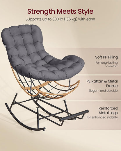 VASAGLE Papasan Chair, Outdoor Rocking Chair, Outdoor Furniture, Steel Frame, Extendable Footrest, Removable Cushion, Holds 300 lb, for Bedroom, Living Room, Patio, Garden, Gray ULYY062GZ01