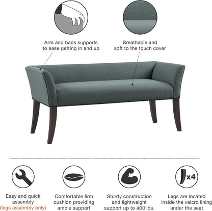 Madison Park Accent Bench, Upholstered with Nailhead Trim, & Padded Seat Entryway Bench Small, End of Bed Bench with Back, 49.5" W x 19.25" D x 23" H, Slate Blue