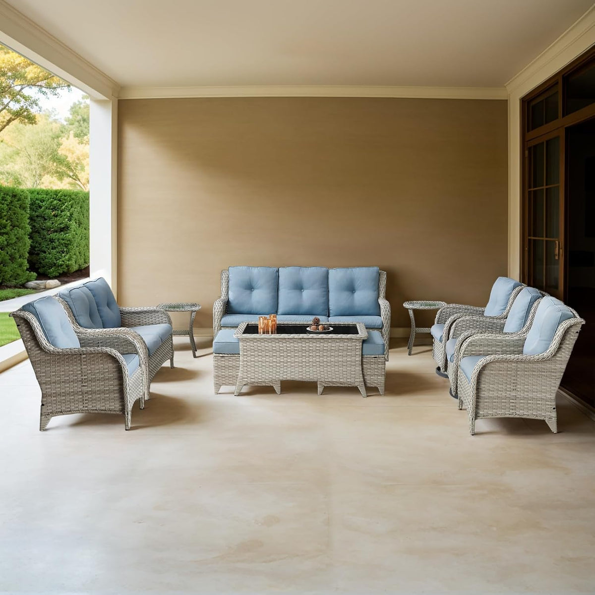 Outdoor Furniture Set: 11 PCS Patio Furniture Set with Outdoor Swivel Rocker Patio Chairs, Light Beige/Light Blue