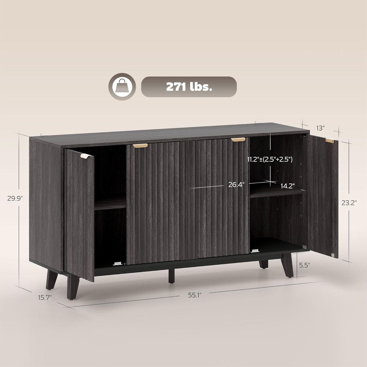 HOMCOM Fluted Sideboard Buffet Cabinet, 55" Modern Accent Console Cabinet with 4 Doors, 2 Adjustable Shelves and 5 Wood Legs, Dark Gray