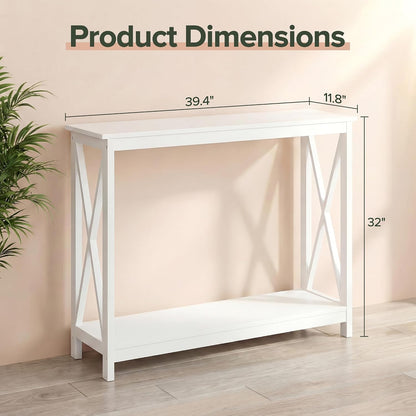 SUPER DEAL Console Table 39.5”, 2-Tier Narrow Sofa Side Table with Storage Shelf, Entrance Table for Hallway/Foyer/Living Room/Corridor/Office, White