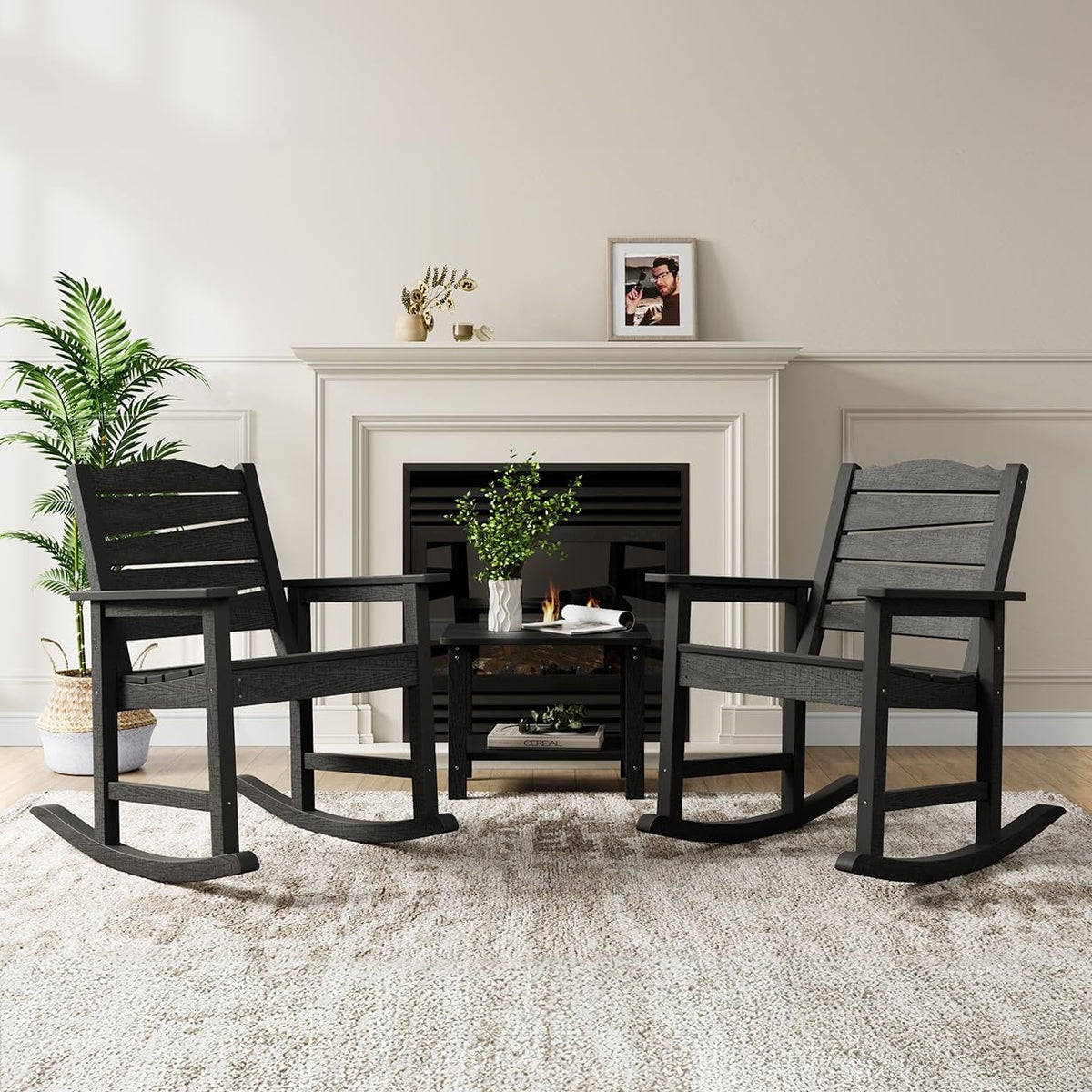 Patio Rocking Chairs Set of 2, Weatherproof HIPS Outdoor Rocking Chair for Adults, 400LBS Support Heavy Duty Porch Rocking Chairs for Garden, Lawn, Backyard, Outdoor and Indoor (Black)