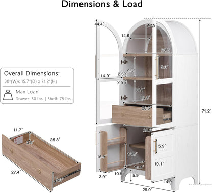 71" Farmhouse Tall Arched Kitchen Pantry Cabinet with Adjustable Shelves and Hidden Drawer, Anti-Tipping Storage Cupboard with Glass Door for Kitchen, Dining Room (White)