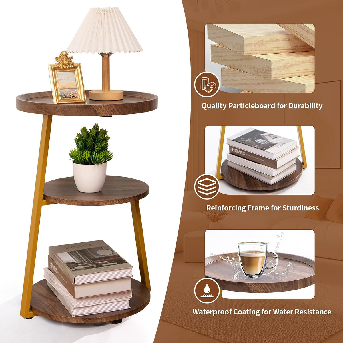 Small Round Side Table, 3-Tier End Table for Living Room, Wooden Nightstand Bedside Tables with Storage Shelf, Circle Accent Table for Bedroom, Office, Apartment (Walnut, Golden Frame)