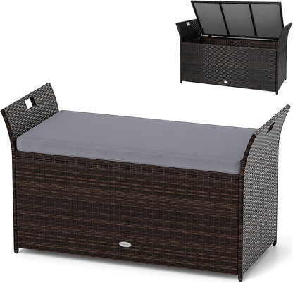 RELAX4LIFE Wicker Outdoor Storage Bench - 68 Gallon Rattan Deck Box w/Side Handles & Soft Cushion for Pillows, Garden Tools, Pool Accessories, Sports Equipment, Patio Bench with Storage for Porch
