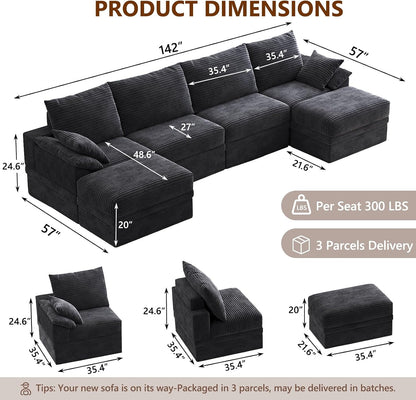 142" Modular Sectional Sofa Couch with Storage,U-Shape 4 Seat Comfy Modern Couch Sofa with Chaise, 27" Deep Seat Corduroy Sofa for Living Room, Tool-Free Assembly - Dark Grey