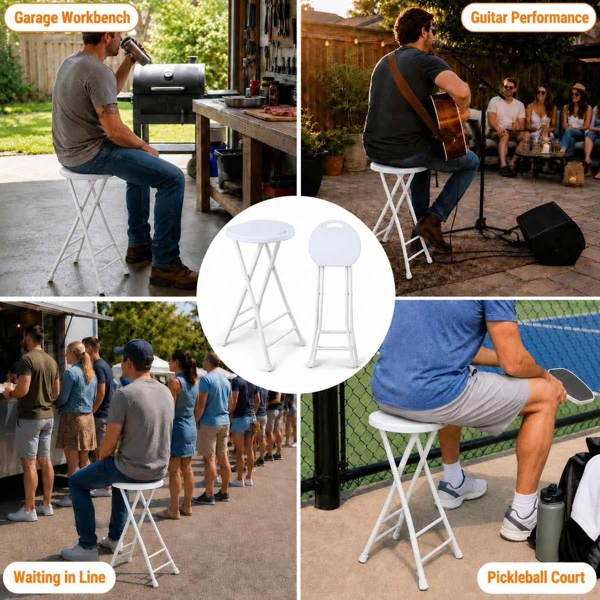 Folding Stool, White 24 Inch Foldable Bar Stool with Handle | Portable Seat, 500 lbs Capacity, Non-Slip Feet, Space-Saving for Guitar, Workbench, Kitchen Island, Outdoor, Party(1 Pack)