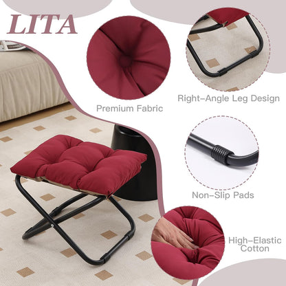 LITA Folding Footrest Stool, Portable Ottoman Foot Rest, Upholstered Small Foldable Ottoman Stool with Detachable Thick Cotton Cushion Padded Sofa Stool for Living Room, Bedroom, Burgundy