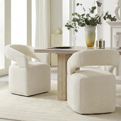 KISLOT Upholstered Dining Chairs Set of 1, Modern Arm Kitchen & Dining Room Chairs with Hidden Casters, Linen Fabric Padded Rolling Chairs, Sturdy Wood Frame, 300 lbs Capacity, Cream Beige