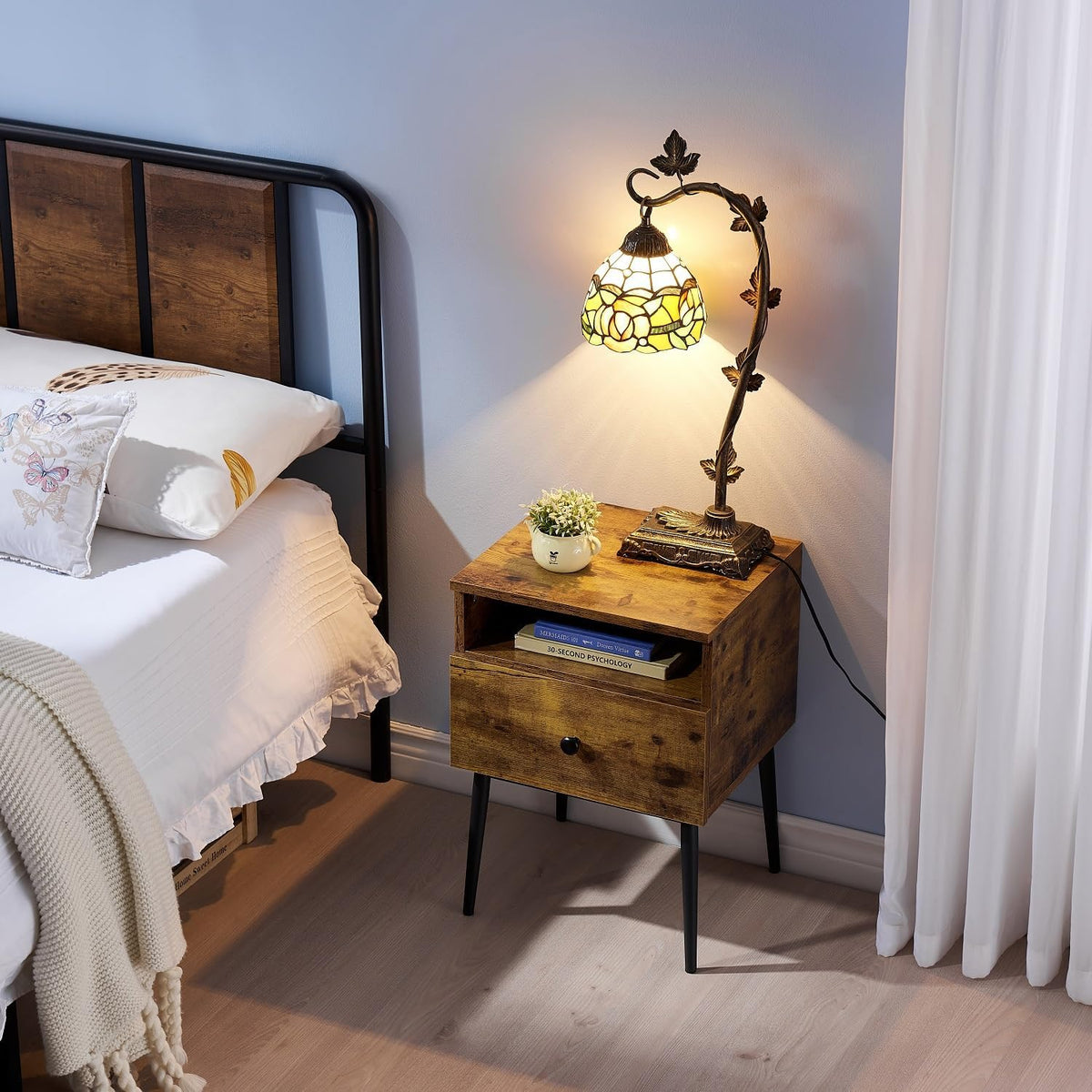 VECELO Modern Wood Night Stand,Square End Table Side Table with Drawer and Storage Space for Bedroom and Living Room