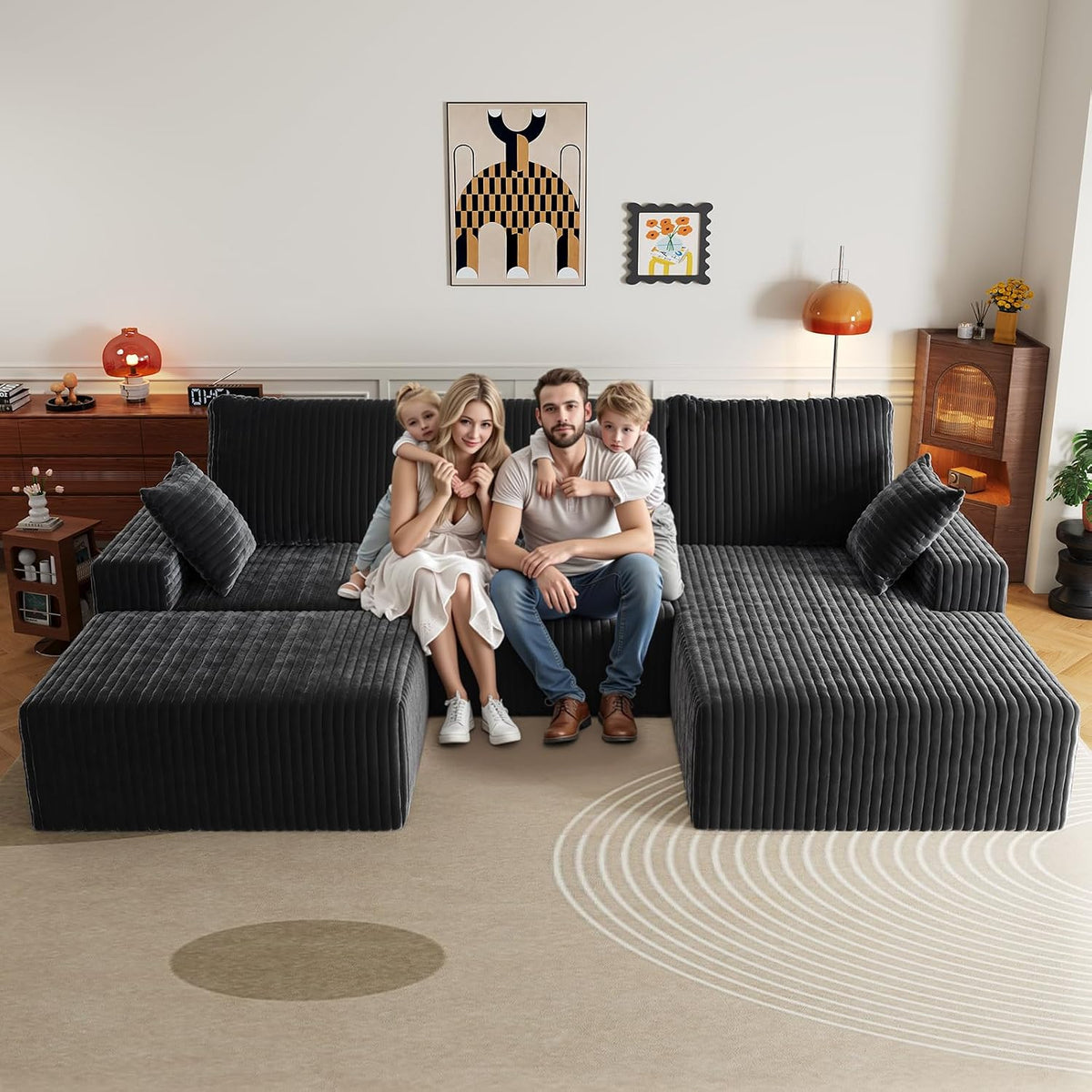 108" U-Shape Modular Sectional Cloud Couch with Ottoman, Deep Seat Couch with Oversized Chaise Lounge, Comfy Flannel Fabric Sofa for Living Room Bedroom Apartment Game Room Basement