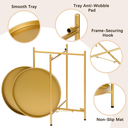2-Tier Round End Side Table, Small Metal Side Table with Removable Tray, Folding Accent Tables for Living Room, Balcony, Nightstand for Bedroom, Outdoor Tables for Patio, Gold