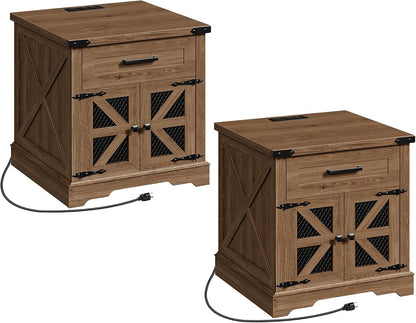 Farmhouse End Table Set of 2, 24" Large Sofa Side Table with Drawer, Large End Table for Living Room, Wooden Nightstand with Charging Station, Square, Walnut