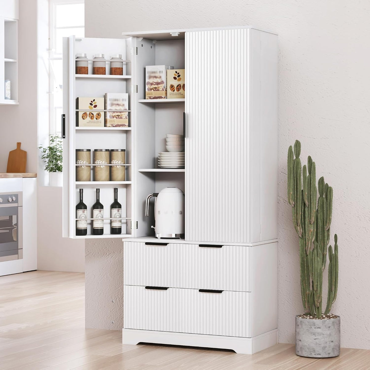 72'' Tall Farmhouse Pantry Cabinet with 2 Drawers and 2 Doors – Grooved MDF Freestanding Storage Cabinet for Kitchen, Bathroom, Entryway, or Dining Room (White)