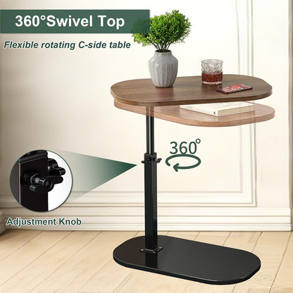 C Shaped End Table Adjustable Height, 360°Swivel Couch Table That Slide Under, Mobile C Shaped Side Table for Bed and Sofa, Rotating C Small Coffee Tables for Small Spaces (Walnut)