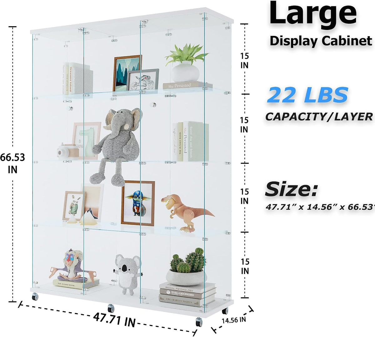 66.5" H 4-Shelf Extra Large Glass Display Cabinet with Double Doors,Modern Floor Standing Curio Cabinet Bookshelf Collection Display Case with Lockable Casters & Lock for Living Room (White)