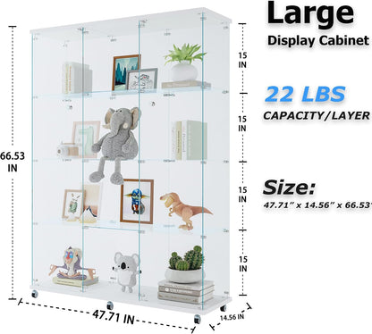 66.5" H 4-Shelf Extra Large Glass Display Cabinet with Double Doors,Modern Floor Standing Curio Cabinet Bookshelf Collection Display Case with Lockable Casters & Lock for Living Room (White)
