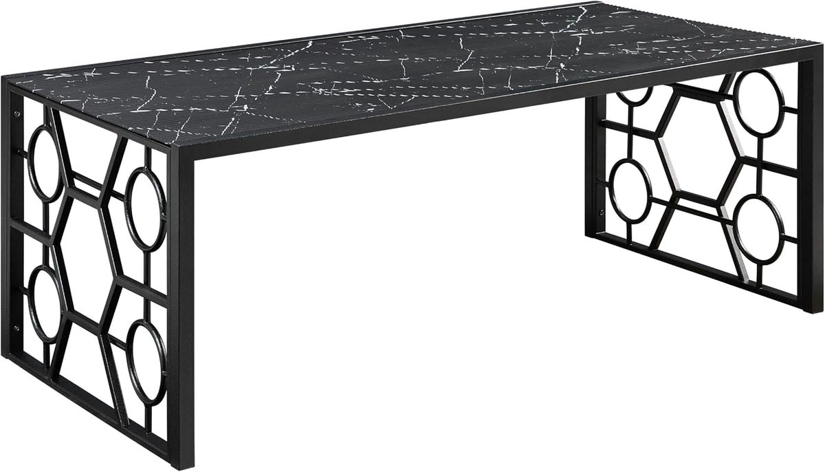 Polay 3pc Stylish Occasional Table Set Marble Print Tempered Glass Top | Features marble print tempered glass tops, metal base with lower shelf for storage. Ideal for modern living room, office