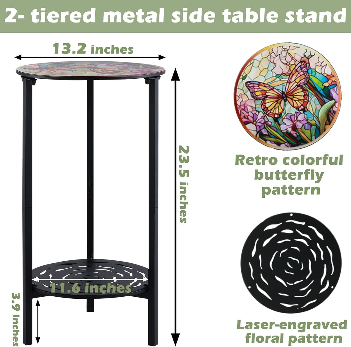 2-Tier Metal Round Side Table Black Accent Coffee Tables Small Space Corner Plant Stand Shelf for Indoor Outdoor Use Patio Balcony End Table Butterfly Print Weather-Resistant