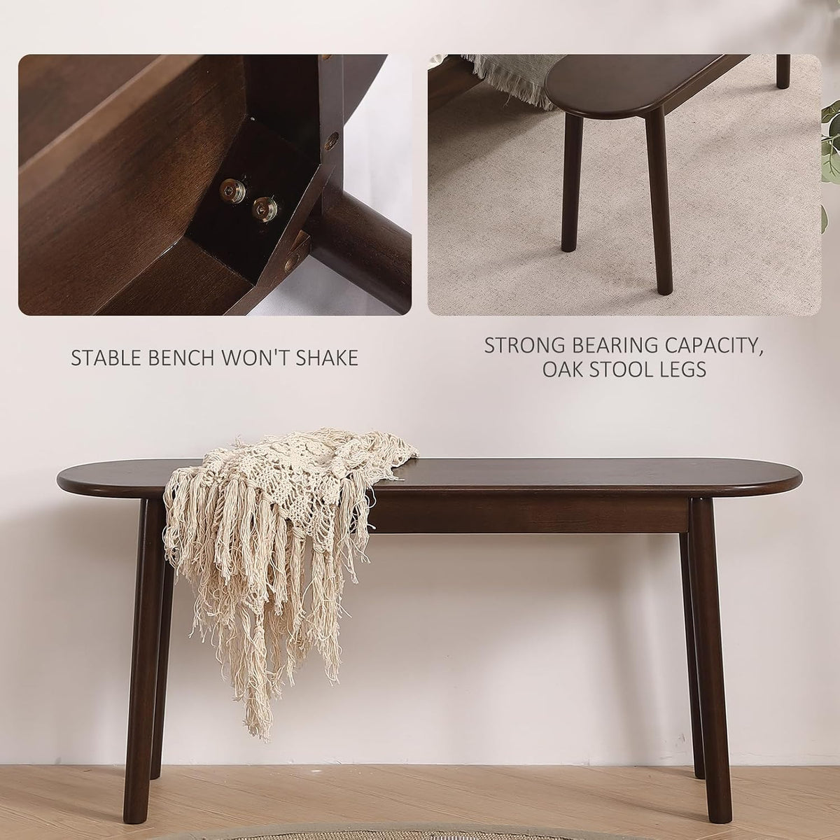 Walnut Solid Wood Bench, 39.4" L – Narrow Mid-Century Wooden Benches for Entryway, Kitchen, Dining, Bedroom & Shoe Storage