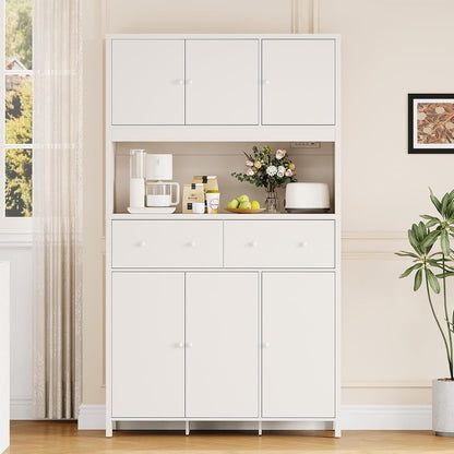 Garvee 71" H Pantry Cabinet with Charging Station, Tall Kitchen Pantry Storage Cabinet with Countertop, Modern Kitchen Hutch with Storage Drawers for Living Room, Dining Room, White
