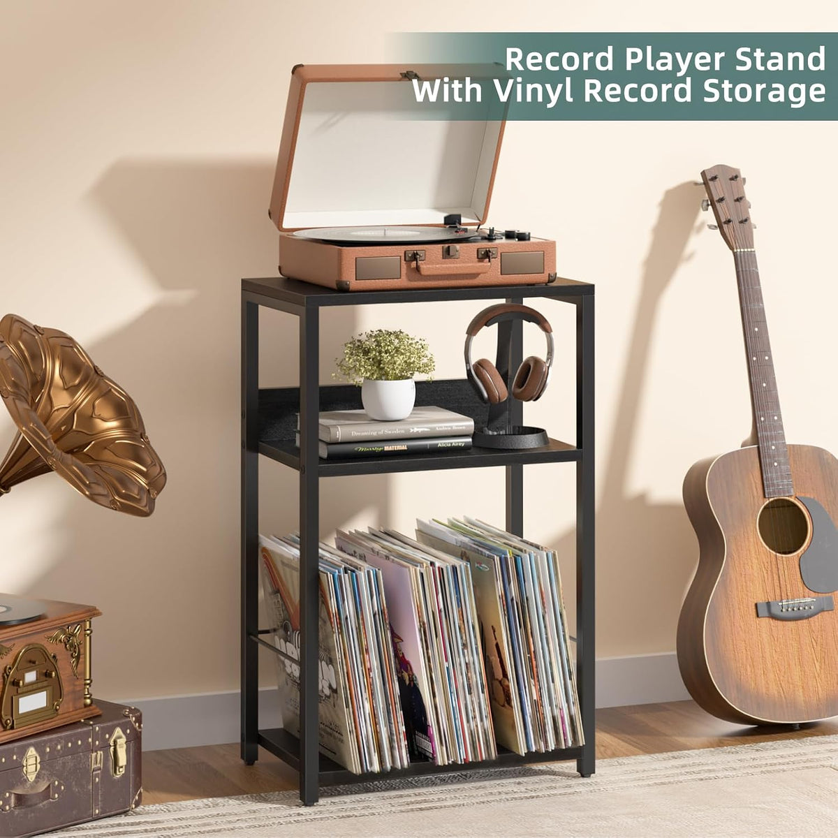 LELELINKY Record Player Stand Set of 2, 3-Tier End Side Table with Vinyl Record Storage, Vinyl Record Holder Up to 120 Albums, Turntable Stand with Vinyls Storage for Music Living Room