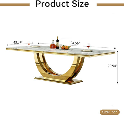Henf 95 Inch White Faux Marble Dining Room Table for 4 6 8 10, Modern Gold Kitchen Table with U-Shape Stainless Steel Pedestal, Luxury Large Rectangle Dinner Tables for Kitchen, Dining Room