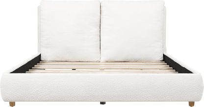 Merax Queen Boucle Upholstered Bed, 2 Removable Headboard Pillows, White