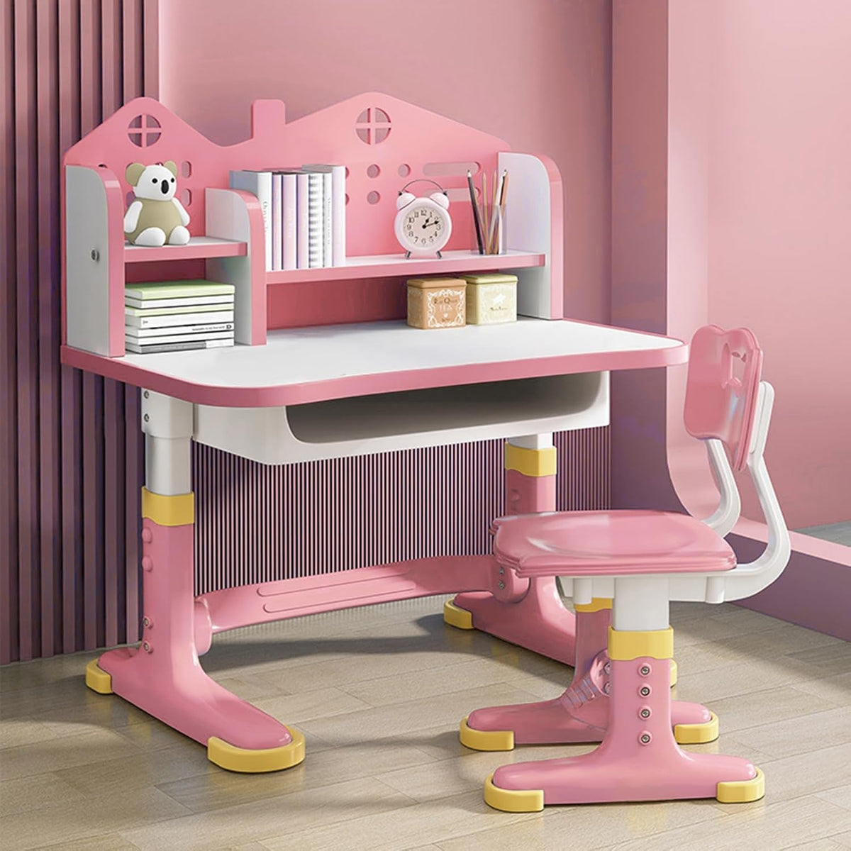 Kids Desk and Chair Set,Height Adjustable Child's School Study Writing Table Computer Workstation,Kids Desk with Bookstand & Storage Drawer,Children Chair-Desk with Widened Desktop for Boys and Girls
